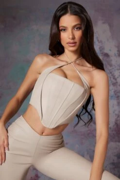 Vegan Leather Corset Crop Top In Stone