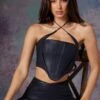 Vegan Leather Corset Crop Top In Midnight Black