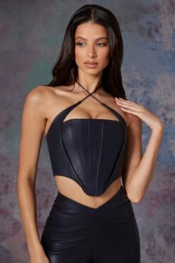 Vegan Leather Corset Crop Top In Midnight Black 11 Vegan Leather Corset Crop Top In Midnight Black -Sway Line Zone 6175 6176 8 Amdis Black Cross Front Corset Aluna Pu Stright Leg Cargo Trousers
