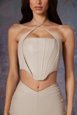 Vegan Leather Corset Crop Top In Stone -Sway Line Zone 6175 6176 9 Amdis Stone Cross Front Corset Aluna Pu Stright Leg Cargo Trousers