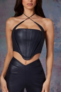 Vegan Leather Corset Crop Top In Midnight Black 9 Vegan Leather Corset Crop Top In Midnight Black -Sway Line Zone 6175 6176 9 Amdis Black Cross Front Corset Aluna Pu Stright Leg Cargo Trousers