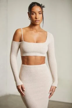 Asymmetric Long Sleeve Crop Top In Beige -Sway Line Zone 6312 6711 7 Praline One Shoulder Crop Top Maxi Skirt