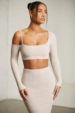 Asymmetric Long Sleeve Crop Top In Beige -Sway Line Zone 6312 6711 8 Praline One Shoulder Crop Top Maxi Skirt