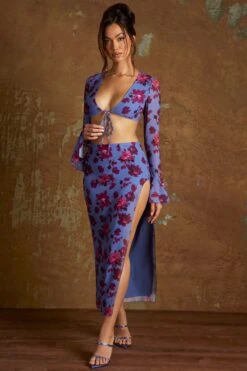 Side Split Midaxi Skirt In Periwinkle Print -Sway Line Zone 6375 6 PeriwinklePrintMidi Skirt With Split