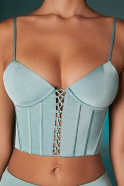 Lace Up Front Corset Crop Top In Steel Blue -Sway Line Zone 6556 6557 10 Steel Blue Satin Corset Top Bias Cut Low Rise Mini Skirt