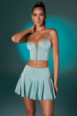 Lace Up Front Corset Crop Top In Steel Blue -Sway Line Zone 6556 6557 3 Steel Blue Satin Corset Top Bias Cut Low Rise Mini Skirt