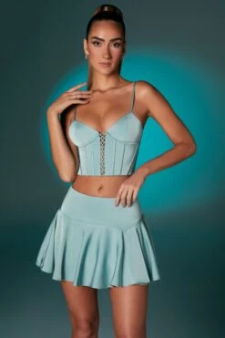 Lace Up Front Corset Crop Top In Steel Blue -Sway Line Zone 6556 6557 4 Steel Blue Satin Corset Top Bias Cut Low Rise Mini Skirt