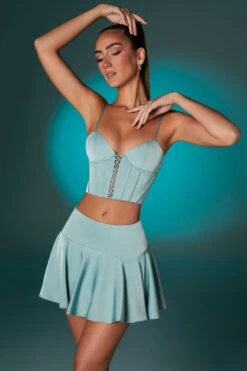 Lace Up Front Corset Crop Top In Steel Blue