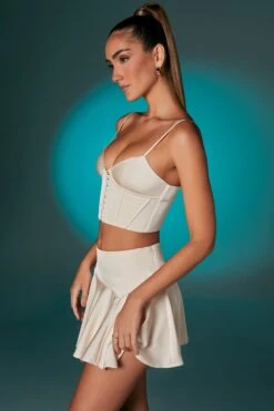 Lace Up Front Corset Crop Top In Ivory -Sway Line Zone 6556 8 6557 Ivory Satin Corset Top Bias Cut Low Rise Mini Skirt