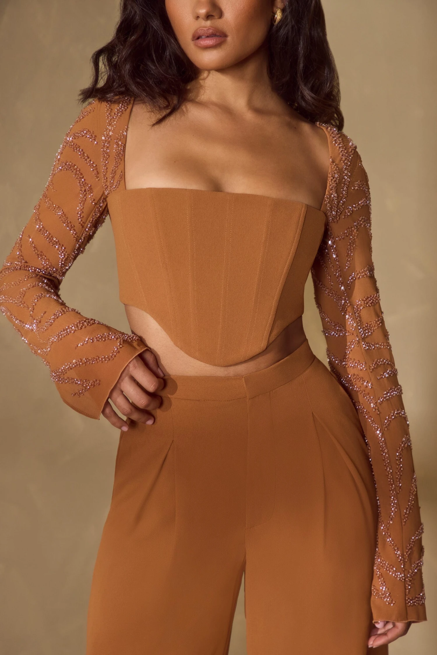 Embellished Sleeve Corset Crop Top In Caramel 4 Embellished Sleeve Corset Crop Top In Caramel - Image 4