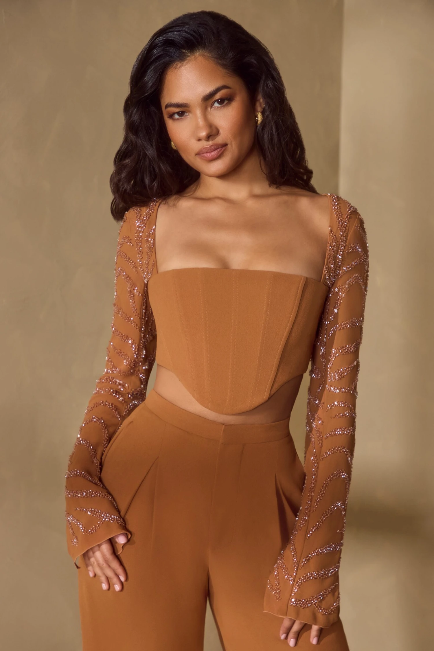 Embellished Sleeve Corset Crop Top In Caramel 6 Embellished Sleeve Corset Crop Top In Caramel - Image 6