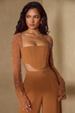 Embellished Sleeve Corset Crop Top In Caramel 16 Embellished Sleeve Corset Crop Top In Caramel -Sway Line Zone 6578 6524 4 Astra Caramel Long Sleeves Corset Top Nou Wide Leg Trousers