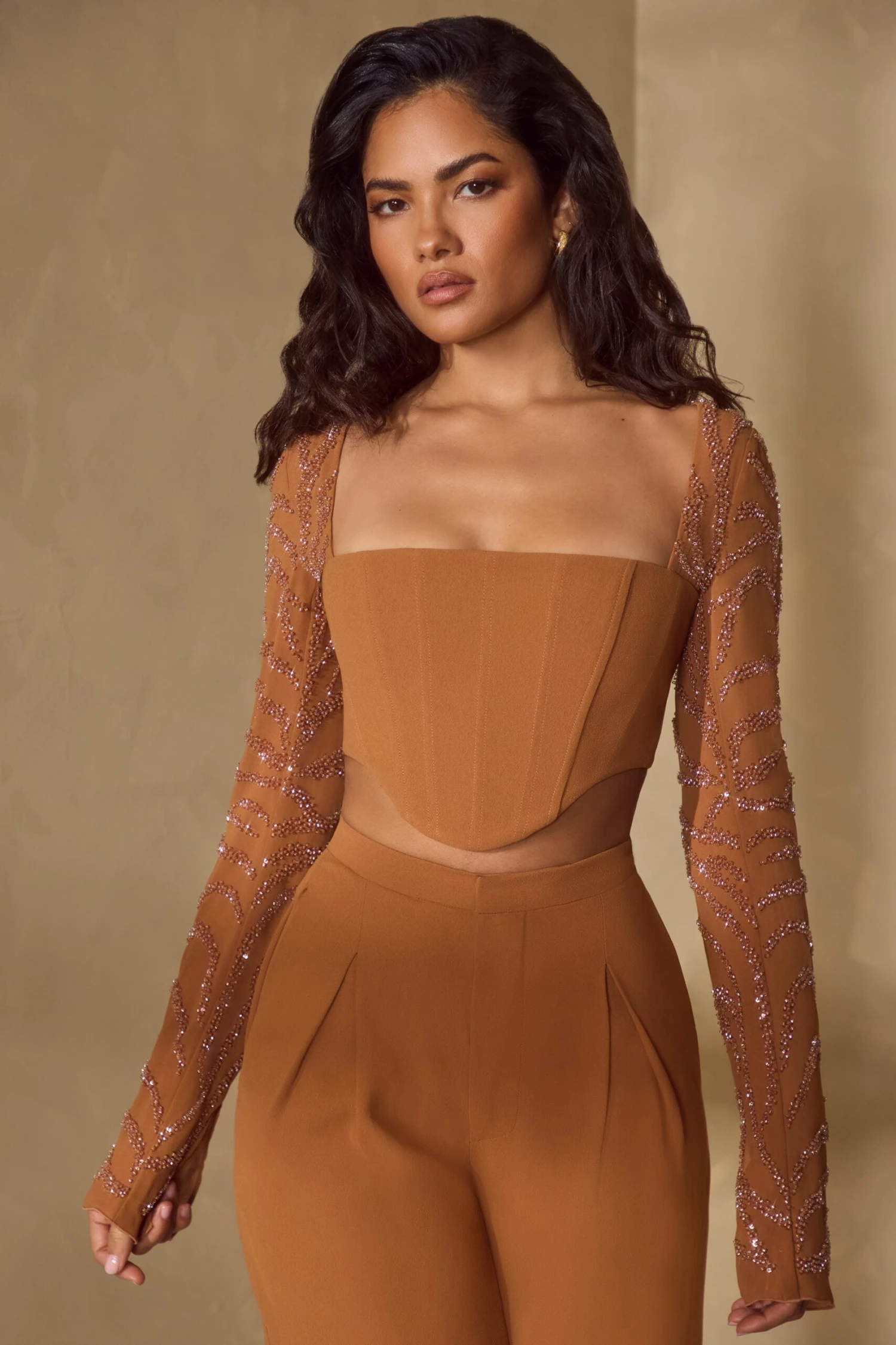 Embellished Sleeve Corset Crop Top In Caramel 8 Embellished Sleeve Corset Crop Top In Caramel - Image 8
