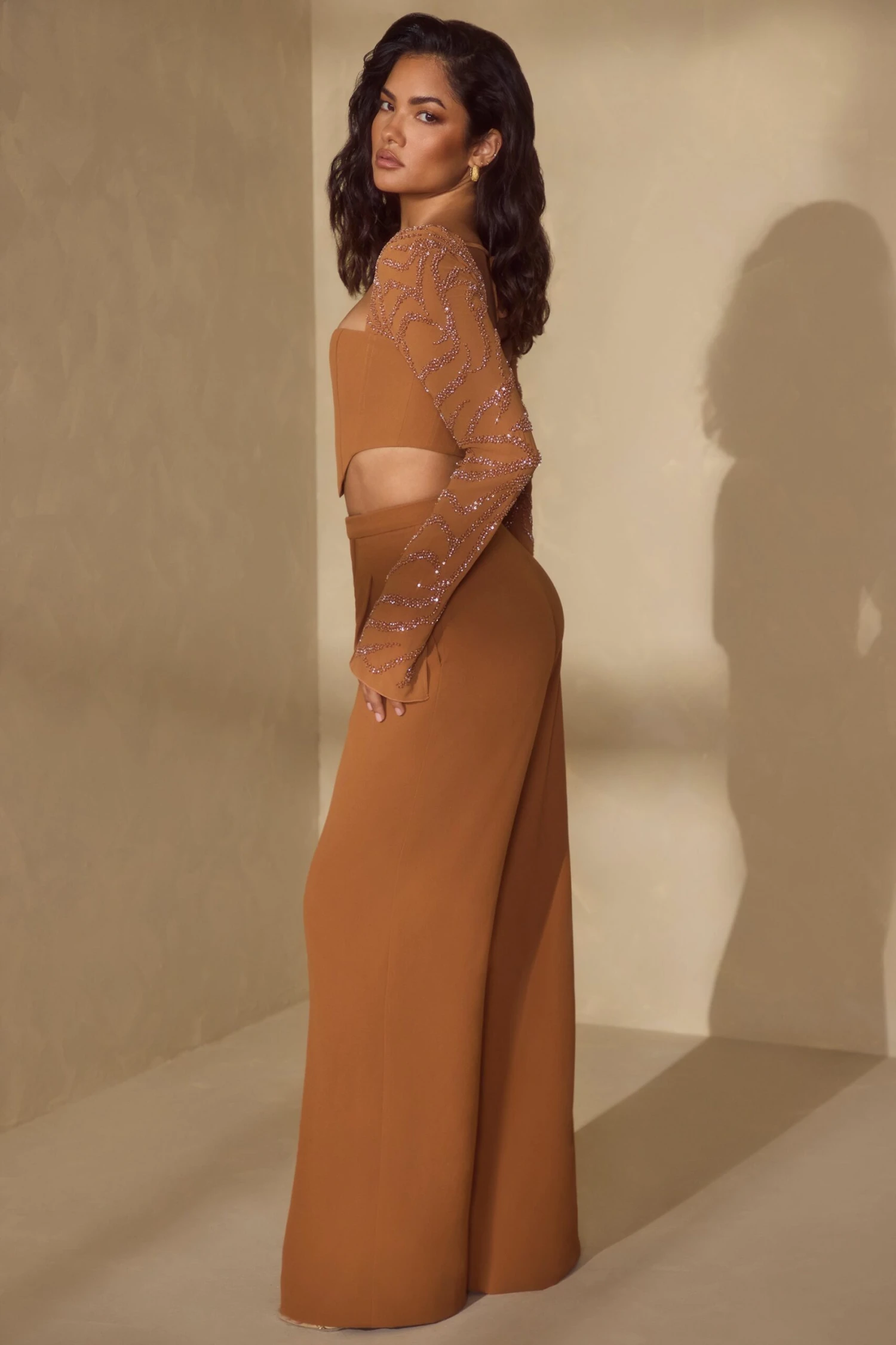 Embellished Sleeve Corset Crop Top In Caramel 9 Embellished Sleeve Corset Crop Top In Caramel - Image 9