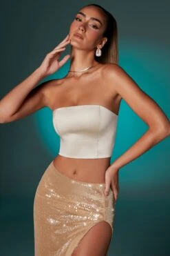 Satin Strapless Crop Top In Ivory -Sway Line Zone 6707 6715 11 Ivory Tube Top Gold Maxi Skirt With Split 933072e8 2a85 4cef 8f7f 61e207f8be1c