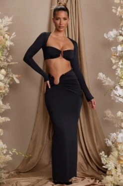 Long Sleeve Ruched Crop Top In Black -Sway Line Zone 6708 6709 8 Maeva Tiani Black Off Shoulder Ruched Crop Top Asymmetric Draped Midi Skirt