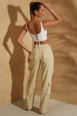 Scoop Neck Lace Up Back Crop Top In White -Sway Line Zone 6757 5841 9 Sage Cargo Trousers White Crop Top With Lace Up Back