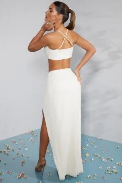 Embellished Cross Back Crop Top In Ivory -Sway Line Zone 6796 12 Pisa Como Ivory Cowl Neck Crop Top Knot Front Skirt