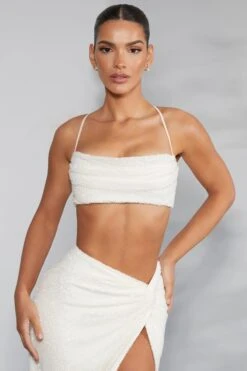 Embellished Cross Back Crop Top In Ivory