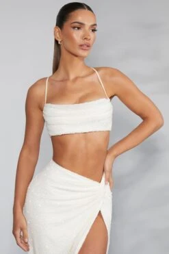 Embellished Cross Back Crop Top In Ivory -Sway Line Zone 6796 9 Pisa Como Ivory Cowl Neck Crop Top Knot Front Skirt