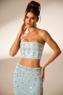 Hand Embellished Bandeau Corset Crop Top In Blue -Sway Line Zone 6798 6799 10 Blue Strapless Cropped Embellished Top Embellished Maxi Split Skirt
