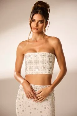 Hand Embellished Bandeau Corset Crop Top In Ivory -Sway Line Zone 6798 6799 10 Ivory Strapless Cropped Embellished Top Embellished Maxi Split Skirt 67ddf53b 0ba7 4446 8f6d e8d6a4ebb213