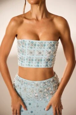 Hand Embellished Bandeau Corset Crop Top In Blue -Sway Line Zone 6798 6799 11 Blue Strapless Cropped Embellished Top Embellished Maxi Split Skirt