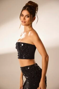 Hand Embellished Bandeau Corset Crop Top In Black -Sway Line Zone 6798 6799 12 Black Strapless Cropped Embellished Top Embellished Maxi Split Skirtcopy
