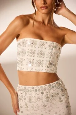 Hand Embellished Bandeau Corset Crop Top In Ivory -Sway Line Zone 6798 6799 13 Ivory Strapless Cropped Embellished Top Embellished Maxi Split Skirt 33051f63 7f5d 462c b43b d41bb7692cd6
