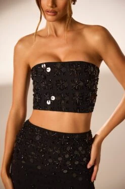 Hand Embellished Bandeau Corset Crop Top In Black -Sway Line Zone 6798 6799 14 Black Strapless Cropped Embellished Top Embellished Maxi Split Skirtcopy