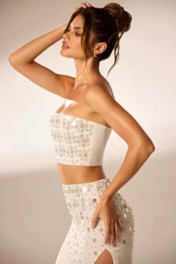 Hand Embellished Bandeau Corset Crop Top In Ivory -Sway Line Zone 6798 6799 15 Ivory Strapless Cropped Embellished Top Embellished Maxi Split Skirt 192d0d33 8ae8 435e 9663 77b211c5265c