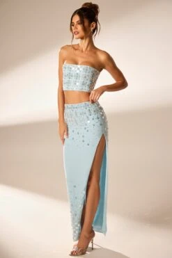 Hand Embellished Bandeau Corset Crop Top In Blue -Sway Line Zone 6798 6799 3 Blue Strapless Cropped Embellished Top Embellished Maxi Split Skirt c1ffbfbf dc45 48f9 862d bb8499f21b42