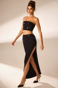Hand Embellished Bandeau Corset Crop Top In Black -Sway Line Zone 6798 6799 5 Black Strapless Cropped Embellished Top Embellished Maxi Split Skirtcopy