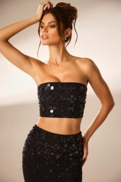 Hand Embellished Bandeau Corset Crop Top In Black -Sway Line Zone 6798 6799 9 Black Strapless Cropped Embellished Top Embellished Maxi Split Skirtcopy