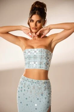 Hand Embellished Bandeau Corset Crop Top In Blue -Sway Line Zone 6798 6799 9 Blue Strapless Cropped Embellished Top Embellished Maxi Split Skirt