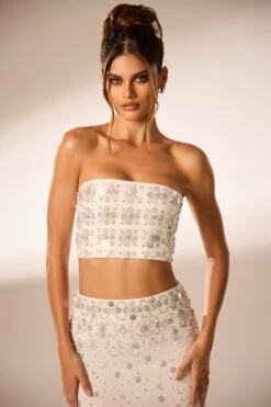 Hand Embellished Bandeau Corset Crop Top In Ivory
