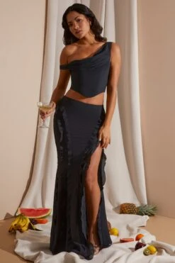 Draped Corset Crop Top In Black -Sway Line Zone 6912 6920 11 Black Draped Corset Top Midrise Ruffle Gown Skirt
