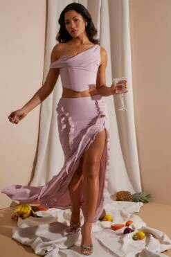 Draped Corset Crop Top In Blush -Sway Line Zone 6912 6920 11 Blush Draped Corset Top Midrise Ruffle Gown Skirt