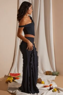 Draped Corset Crop Top In Black -Sway Line Zone 6912 6920 12 Black Draped Corset Top Midrise Ruffle Gown Skirt
