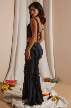 Draped Corset Crop Top In Black -Sway Line Zone 6912 6920 13 Black Draped Corset Top Midrise Ruffle Gown Skirt
