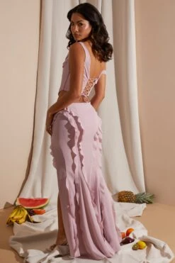 Draped Corset Crop Top In Blush -Sway Line Zone 6912 6920 14 Blush Draped Corset Top Midrise Ruffle Gown Skirt