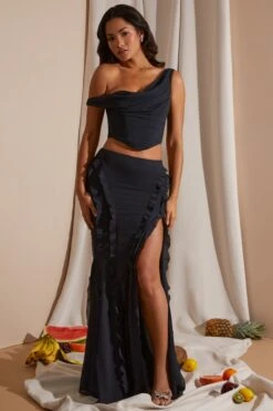 Draped Corset Crop Top In Black -Sway Line Zone 6912 6920 1 Black Draped Corset Top Midrise Ruffle Gown Skirt