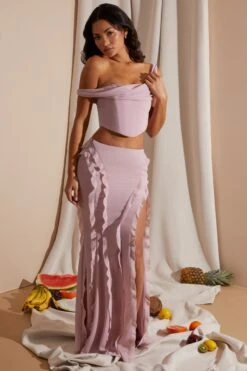 Draped Corset Crop Top In Blush -Sway Line Zone 6912 6920 1 Blush Draped Corset Top Midrise Ruffle Gown Skirt