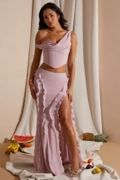 Draped Corset Crop Top In Blush -Sway Line Zone 6912 6920 2 Blush Draped Corset Top Midrise Ruffle Gown Skirt