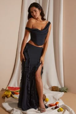 Draped Corset Crop Top In Black -Sway Line Zone 6912 6920 3 Black Draped Corset Top Midrise Ruffle Gown Skirt