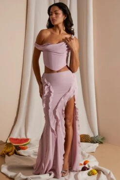 Draped Corset Crop Top In Blush -Sway Line Zone 6912 6920 3 Blush Draped Corset Top Midrise Ruffle Gown Skirt