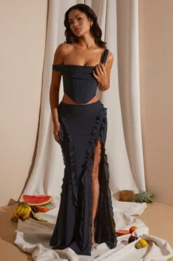 Draped Corset Crop Top In Black -Sway Line Zone 6912 6920 5 Black Draped Corset Top Midrise Ruffle Gown Skirt