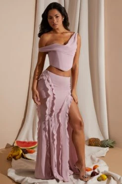 Draped Corset Crop Top In Blush -Sway Line Zone 6912 6920 5 Blush Draped Corset Top Midrise Ruffle Gown Skirt