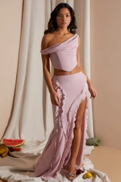 Draped Corset Crop Top In Blush -Sway Line Zone 6912 6920 6 Blush Draped Corset Top Midrise Ruffle Gown Skirt