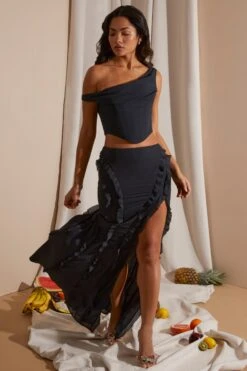 Draped Corset Crop Top In Black -Sway Line Zone 6912 6920 7 Black Draped Corset Top Midrise Ruffle Gown Skirt